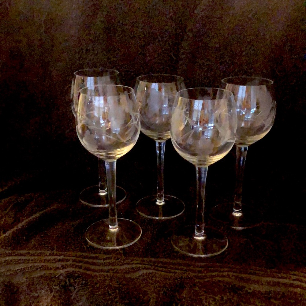 Set of 5 Princess House etched crystal wine glasses
